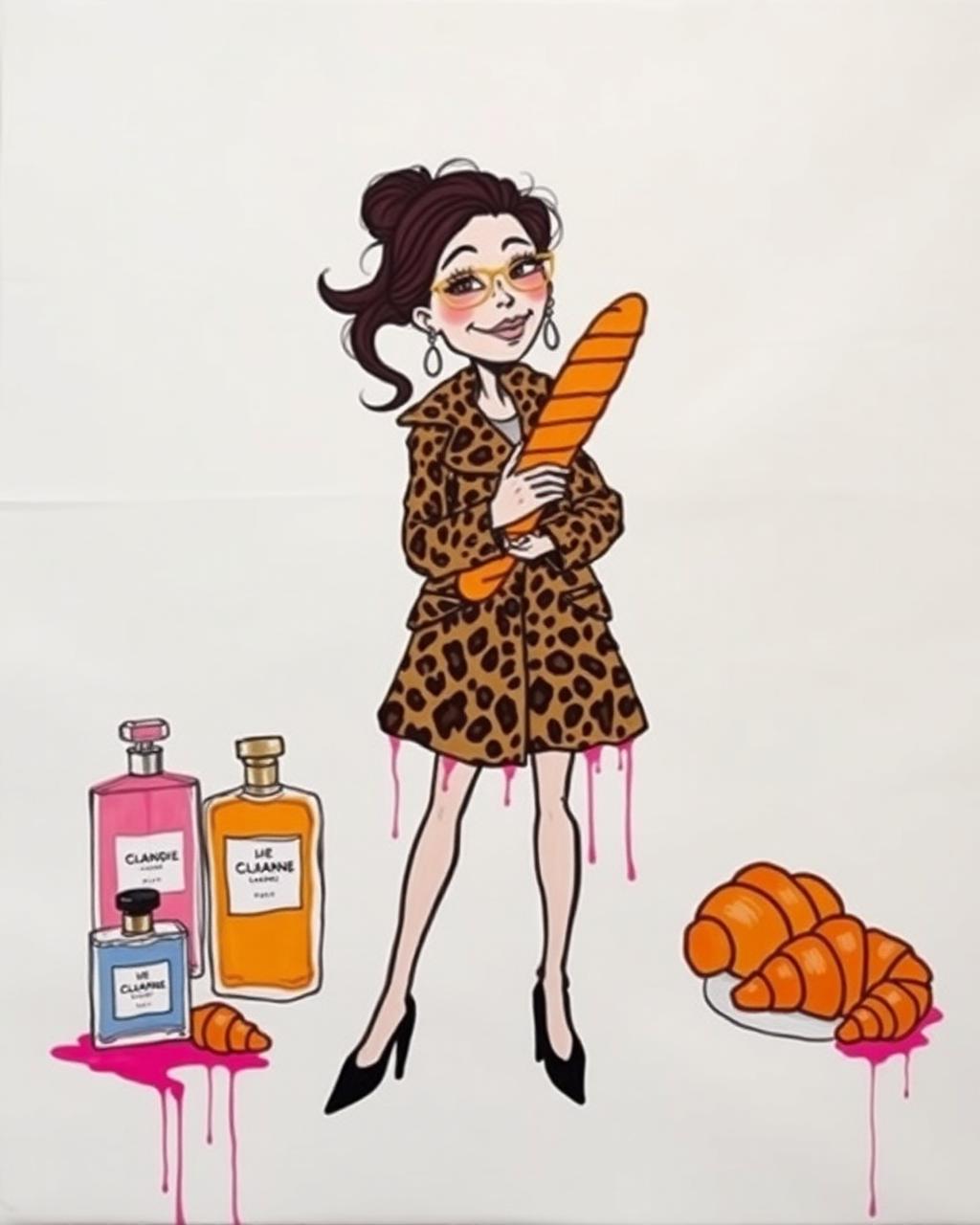 A loose figurative painting on raw linen with a leopard-coat figure