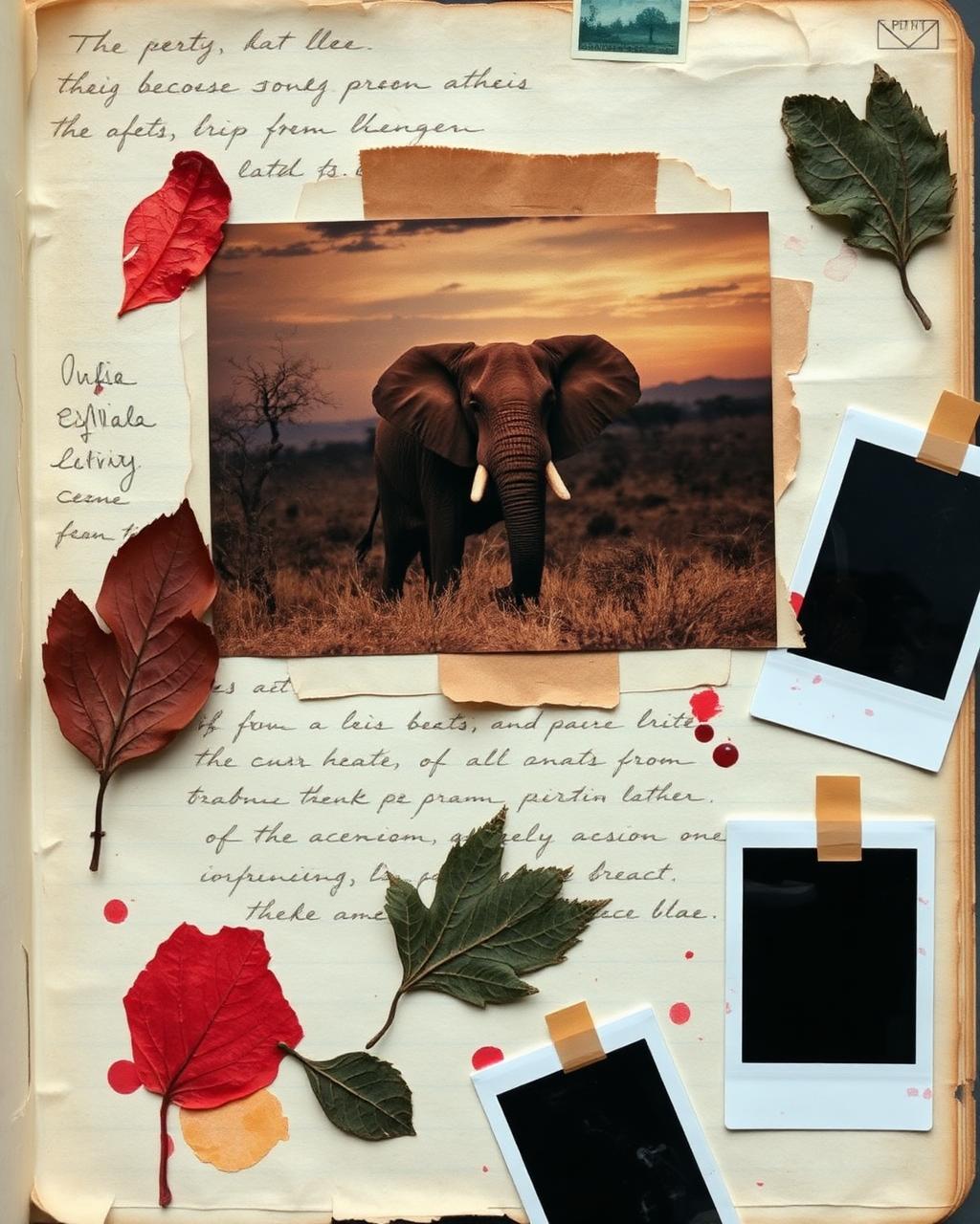 A collaged journal page with a sepia elephant photograph and pressed leaves