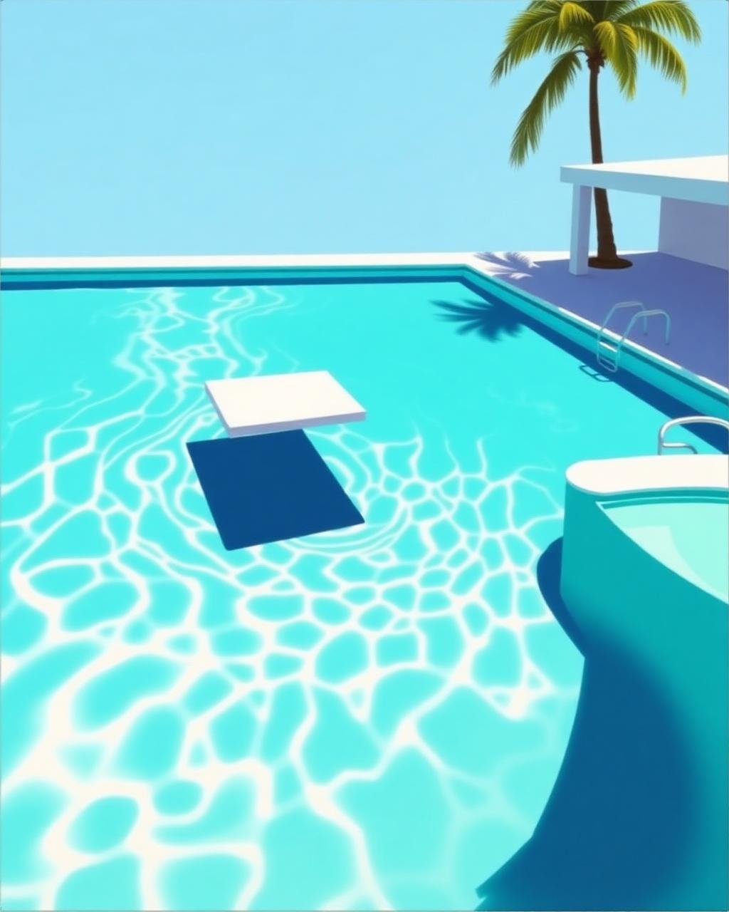 A flat, brightly painted Los Angeles swimming pool with rippling caustics