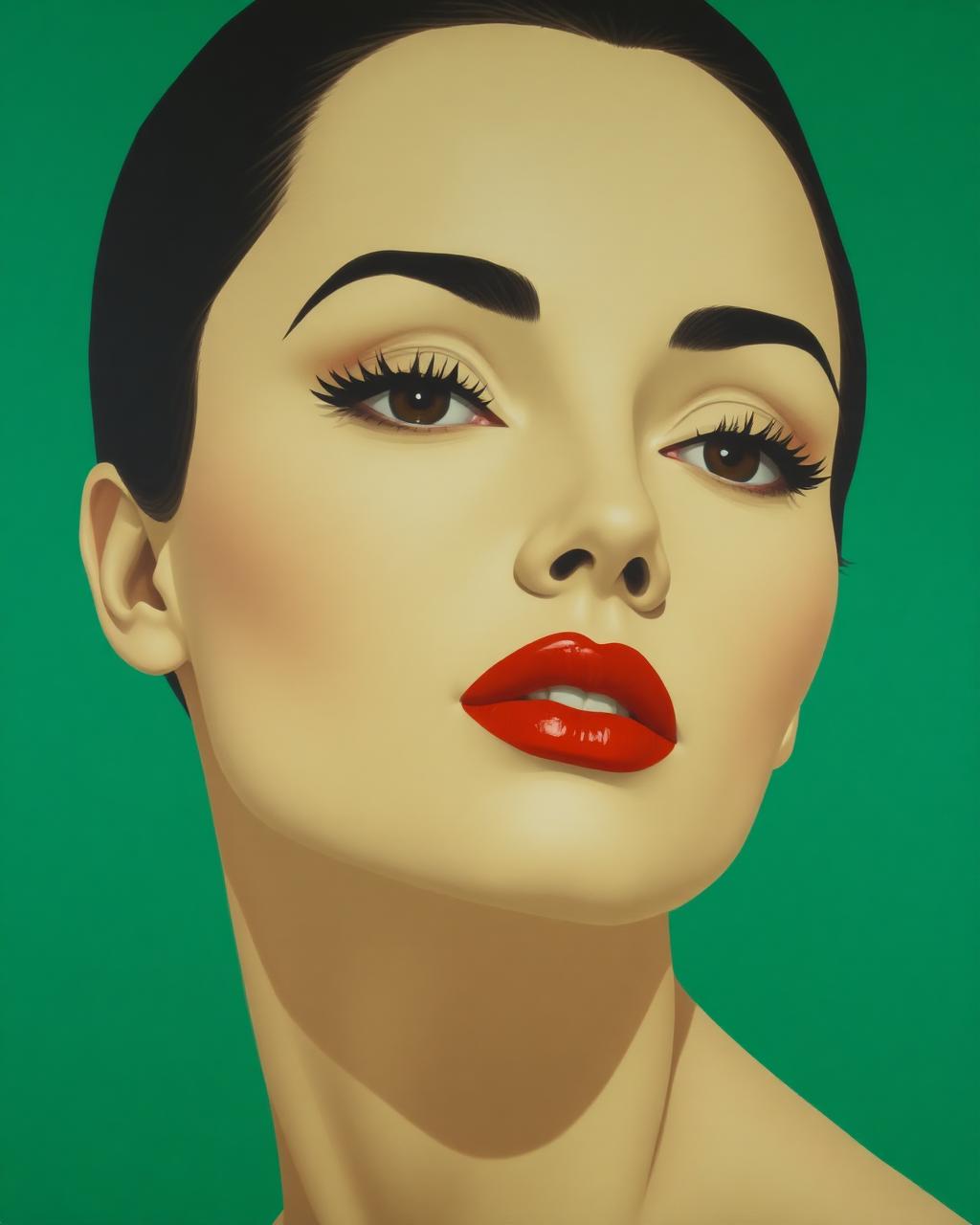 A flat, graphic painted portrait against an emerald background
