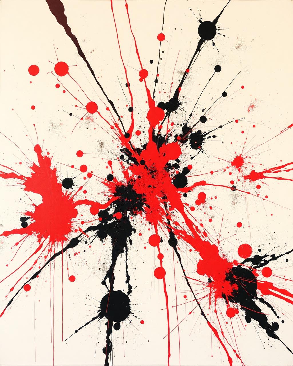 An explosive red and black splatter painting on a pale ground