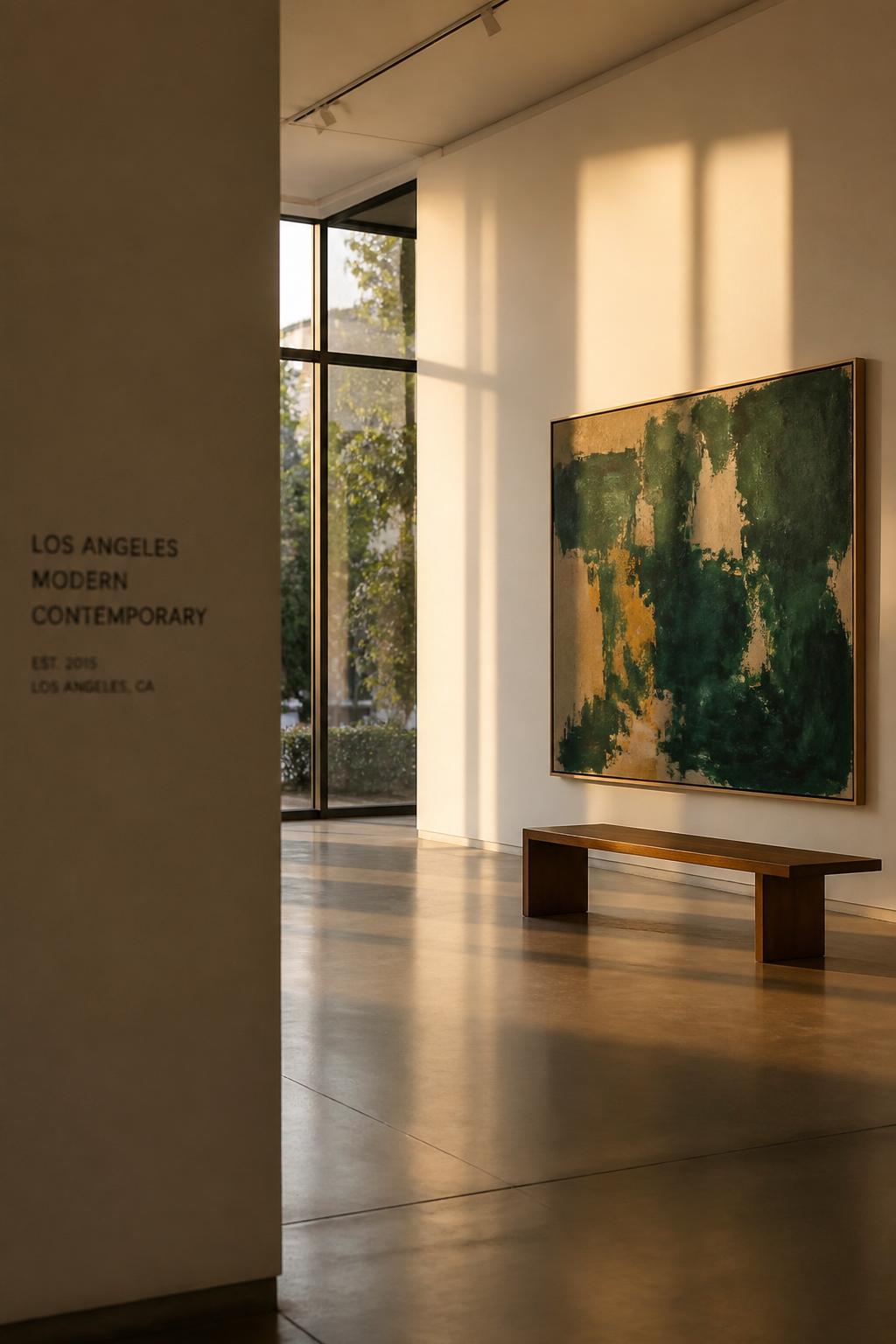 A sunlit Los Angeles gallery interior with an abstract emerald painting